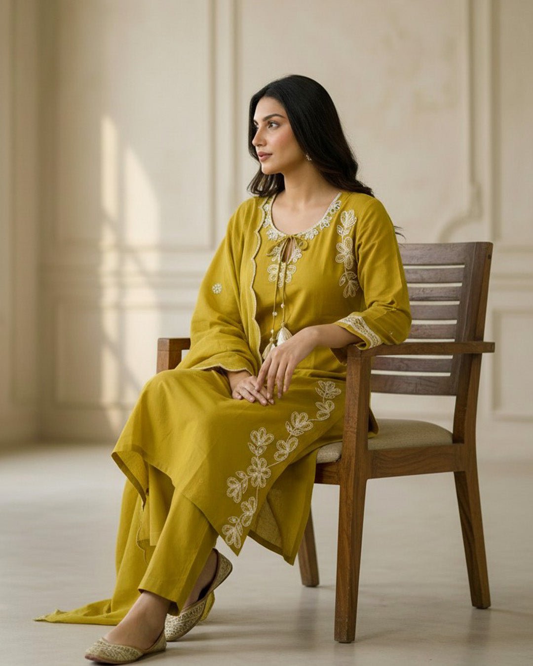Dori Neck Thread Work Pure Cotton Suit with Cutwork Dupatta - Sakshe Studio