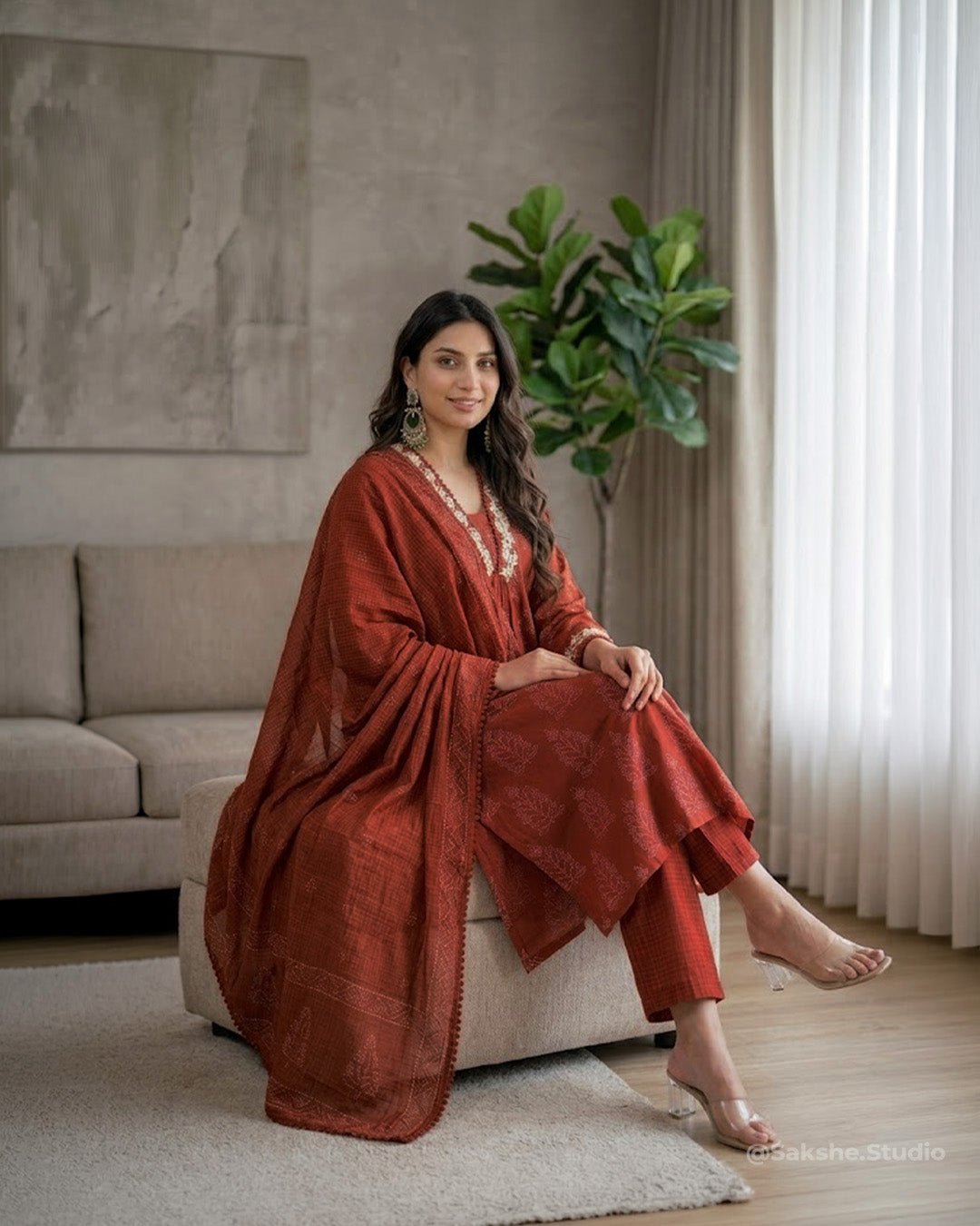 Garden Pocket Threadwork Pure Cotton A - Line Suit with Kota Dupatta - Sakshe Studio