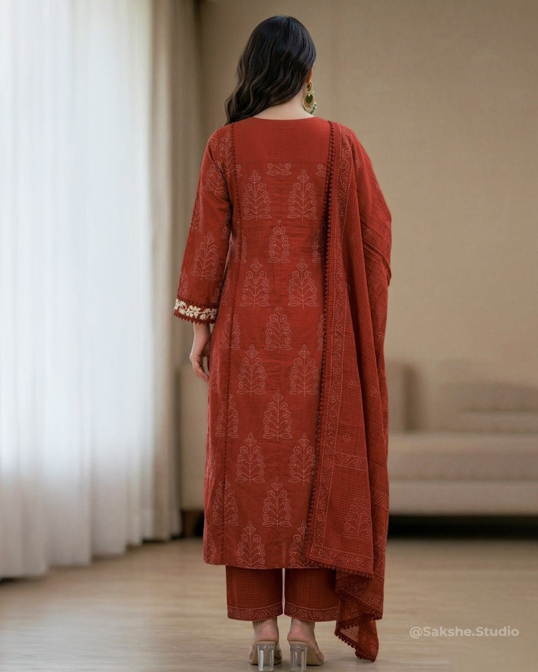 Garden Pocket Threadwork Pure Cotton A - Line Suit with Kota Dupatta - Sakshe Studio