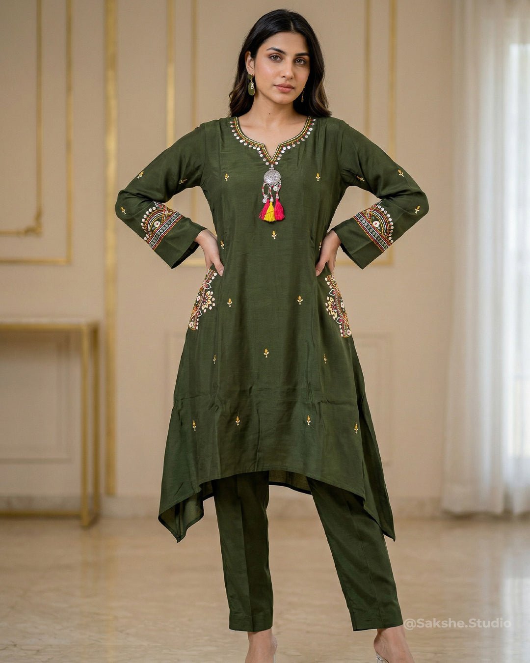 Hand Crafted Muslin A - Line Co - ord Set with Pocket Embroidery - Sakshe Studio