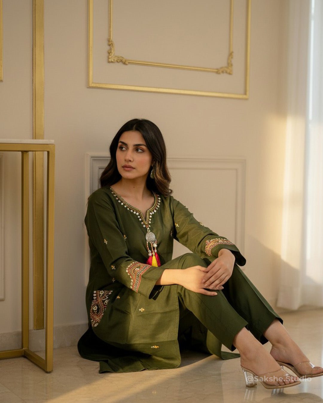 Hand Crafted Muslin A - Line Co - ord Set with Pocket Embroidery - Sakshe Studio