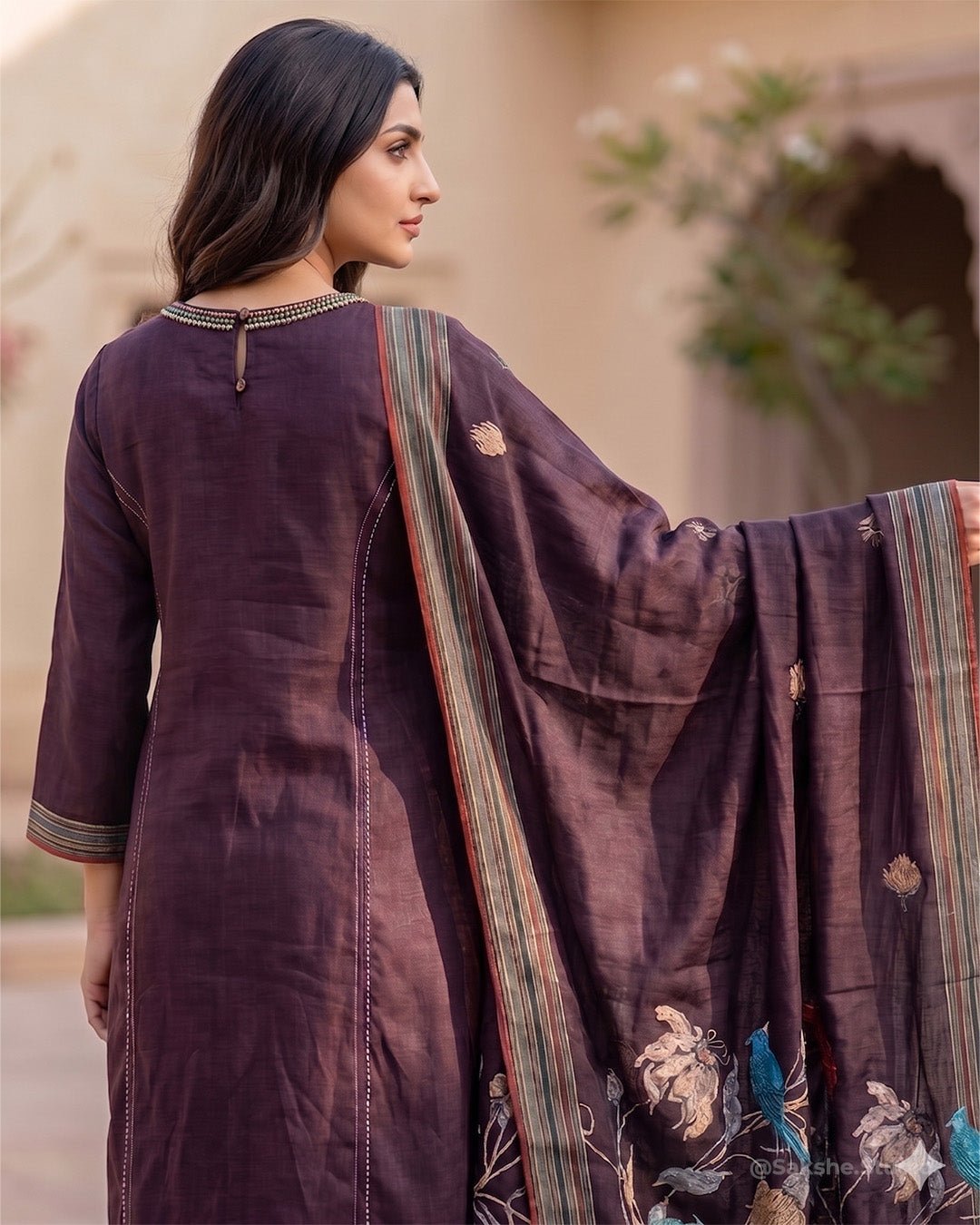 Kantha Birds Hand Embroidery Pure Linen Cotton Straight Suit - Sakshe Studio