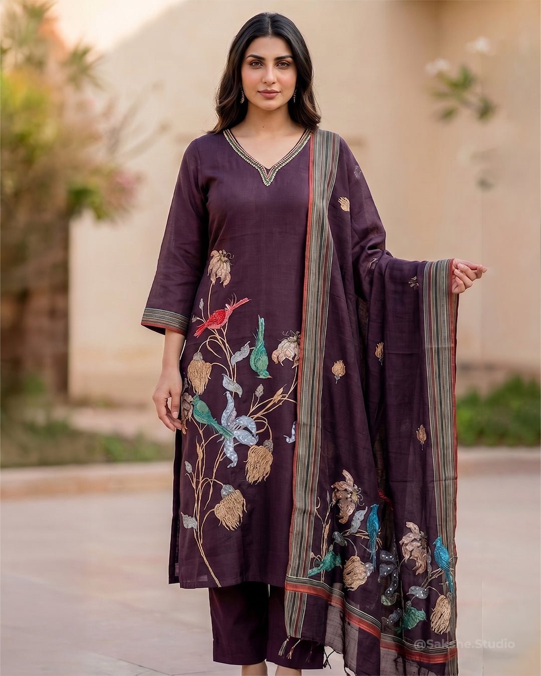 Kantha Birds Hand Embroidery Pure Linen Cotton Straight Suit - Sakshe Studio
