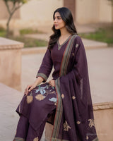 Kantha Birds Hand Embroidery Pure Linen Cotton Straight Suit - Sakshe Studio
