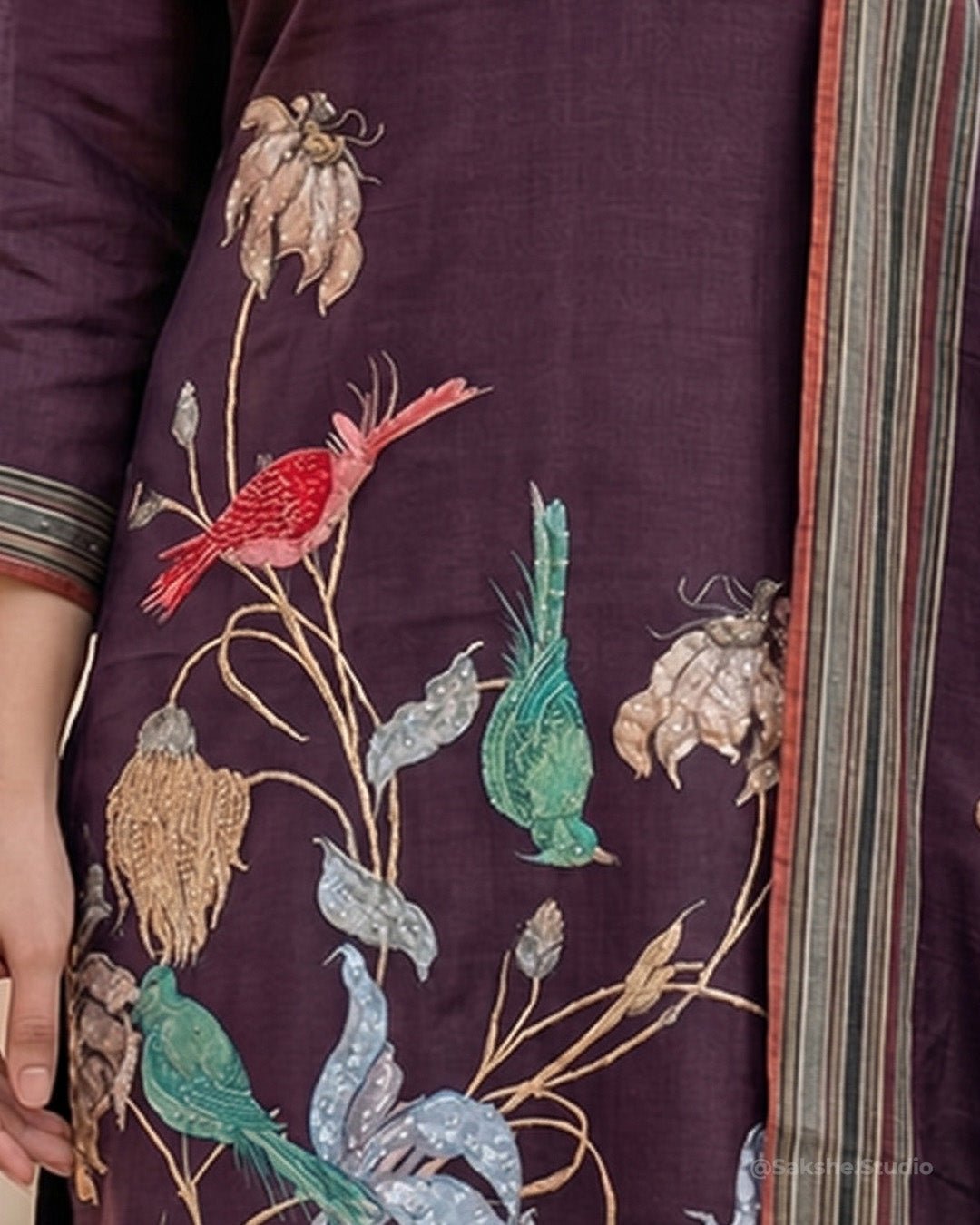 Kantha Birds Hand Embroidery Pure Linen Cotton Straight Suit - Sakshe Studio