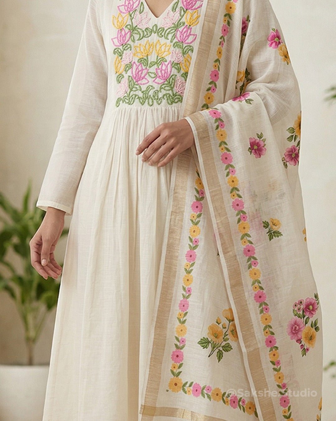 Linen Thread Kurta with Printed Linen Dupatta - Sakshe Studio