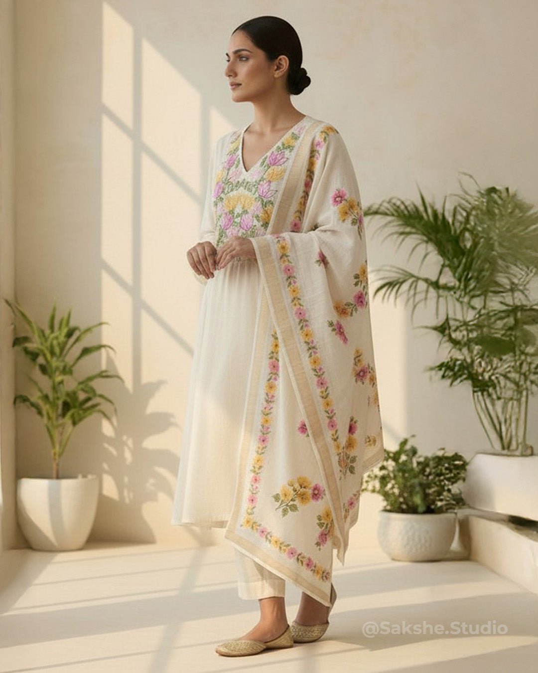 Linen Thread Kurta with Printed Linen Dupatta - Sakshe Studio