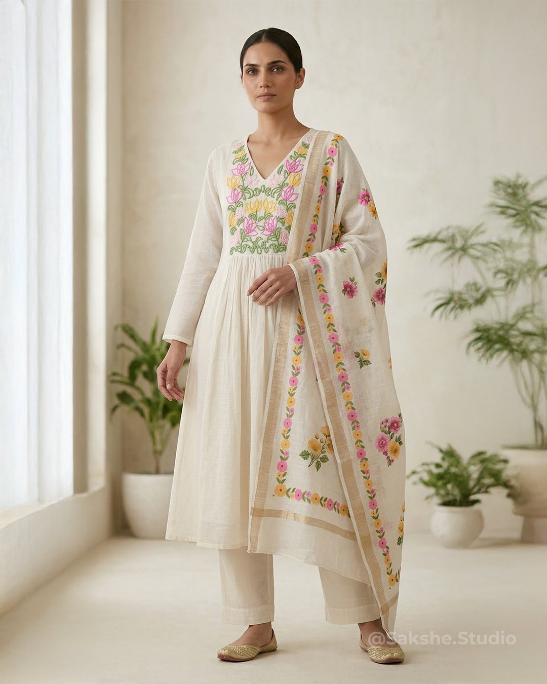 Linen Thread Kurta with Printed Linen Dupatta - Sakshe Studio