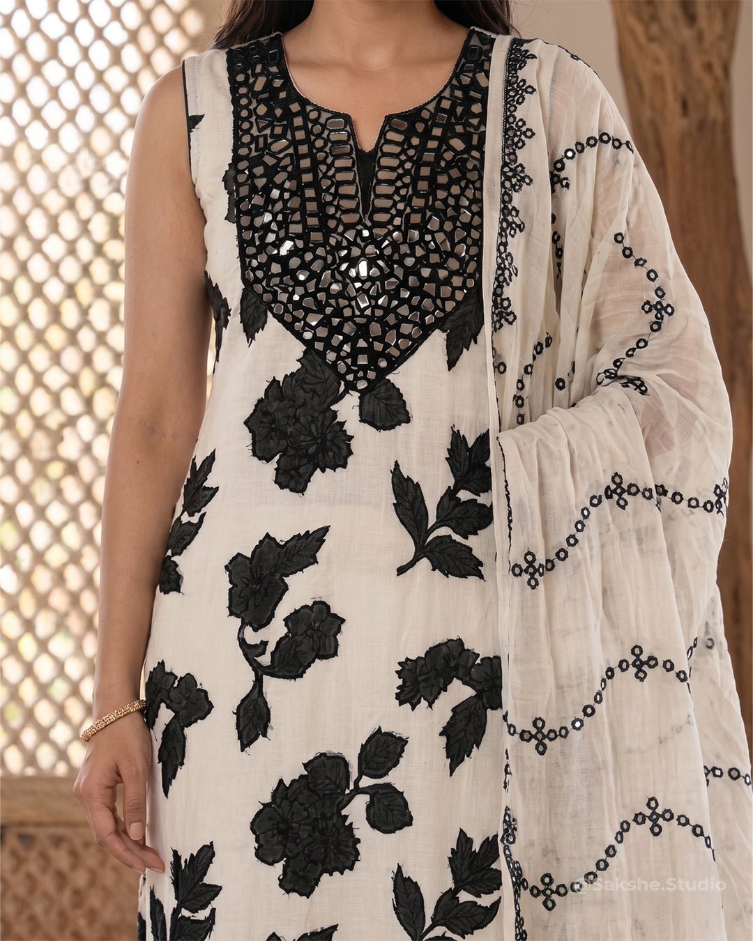 Mirror Patch Pure Cotton Straight Suit with Cotton Silk Dupatta - Sakshe Studio