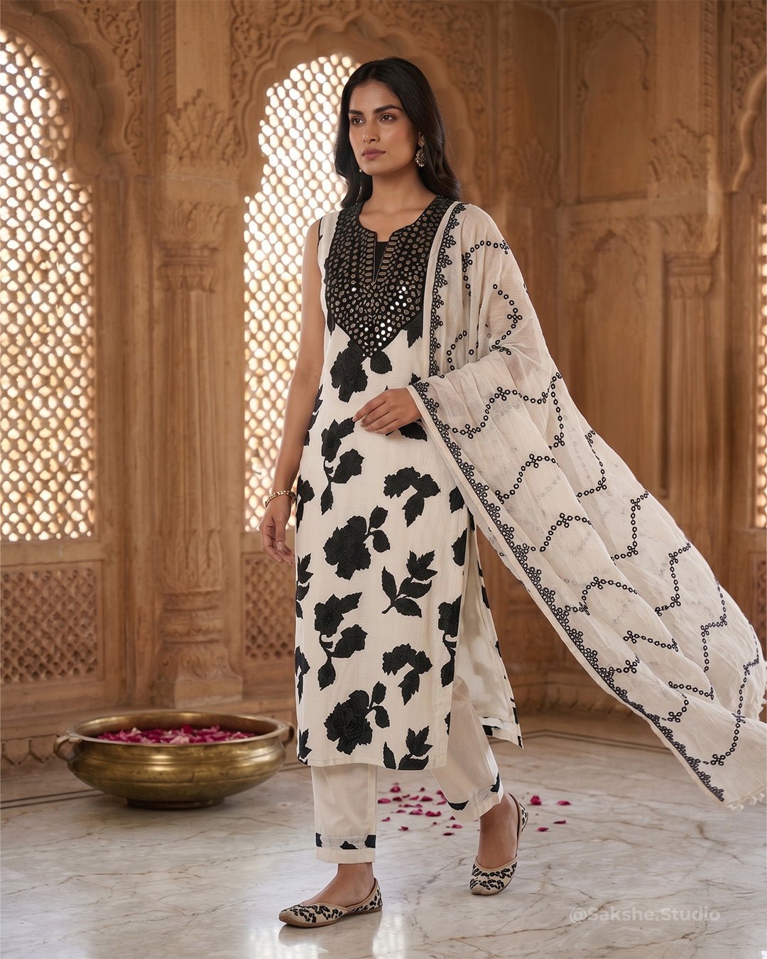 Mirror Patch Pure Cotton Straight Suit with Cotton Silk Dupatta - Sakshe Studio