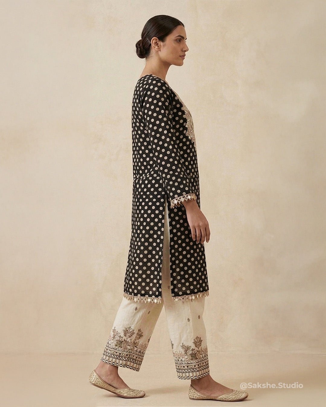 Mirror Tassel Short Kurta with Elephant Thread Work Cotton Loose Pant - Sakshe Studio