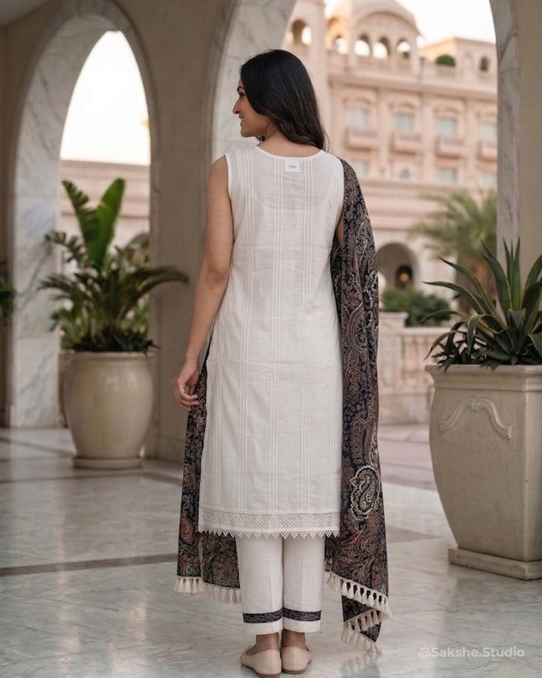 Pearl Patch Pure Cotton Straight Suit — Complete Patchwork with Pearl Detailing - Sakshe Studio