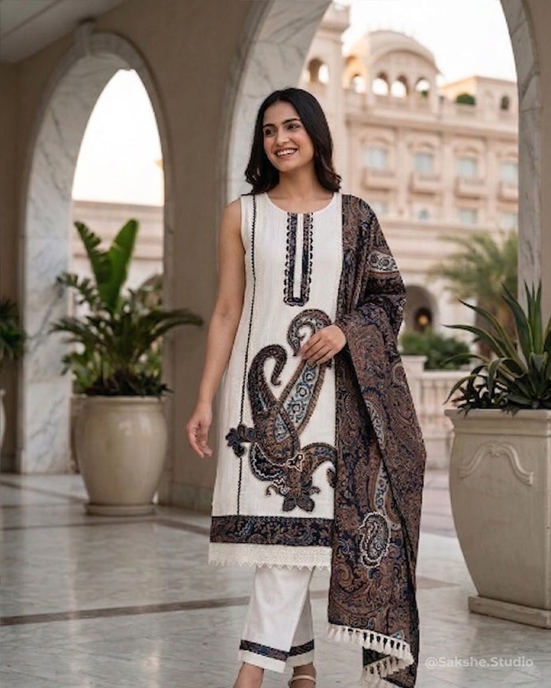 Pearl Patch Pure Cotton Straight Suit — Complete Patchwork with Pearl Detailing - Sakshe Studio