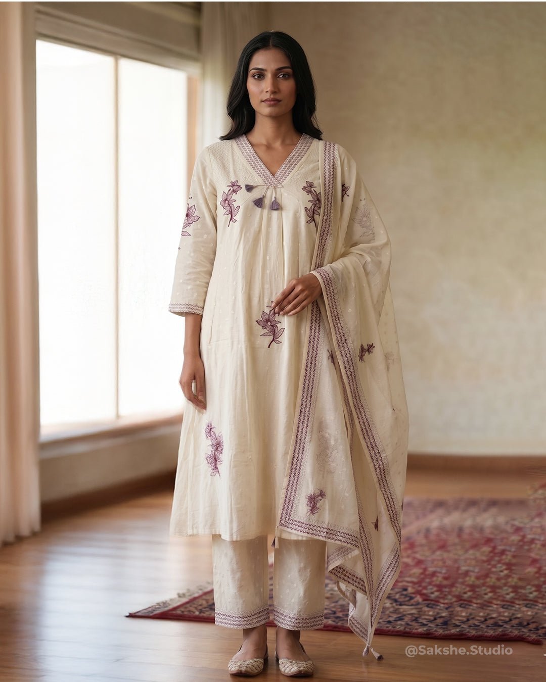 Pearl & Thread Embroidery Mul Cotton A - Line Suit with Kota Dupatta - Sakshe Studio