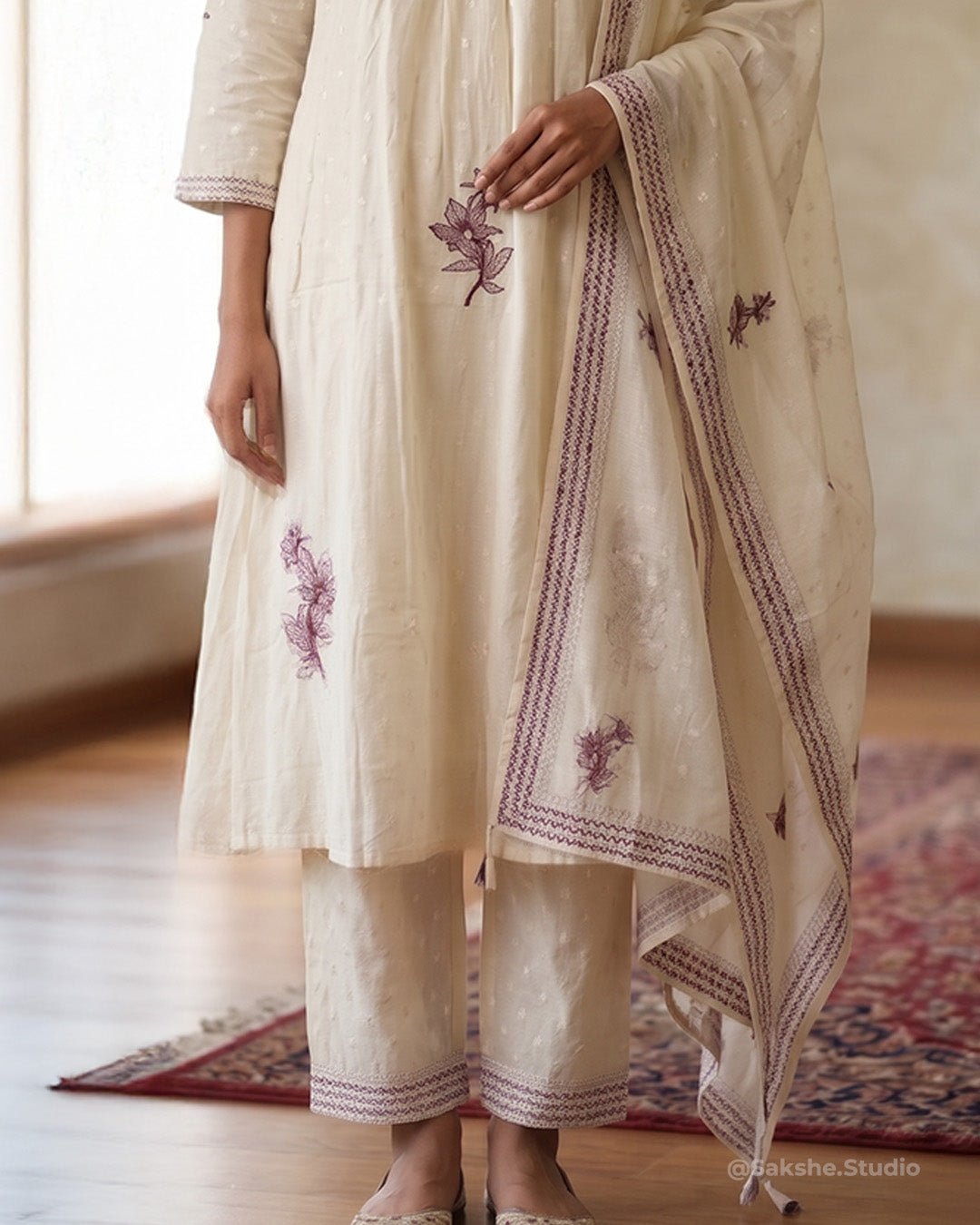 Pearl & Thread Embroidery Mul Cotton A - Line Suit with Kota Dupatta - Sakshe Studio