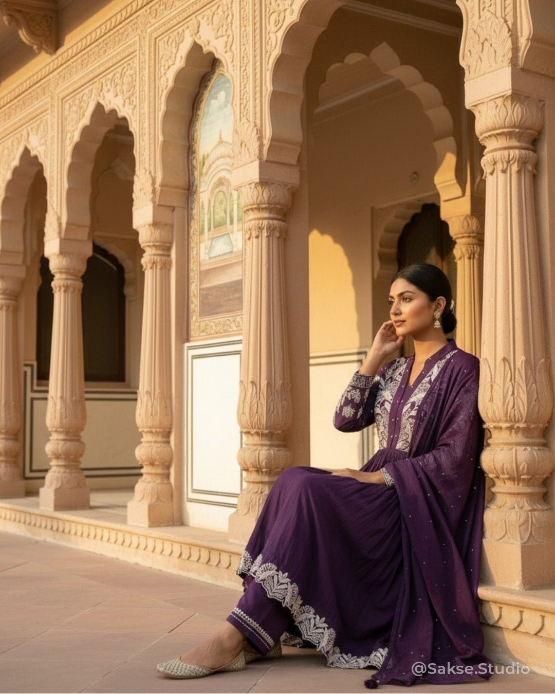 Petal Whirl Threadwork Mul Cotton Flared A - Line Suit - Sakshe Studio