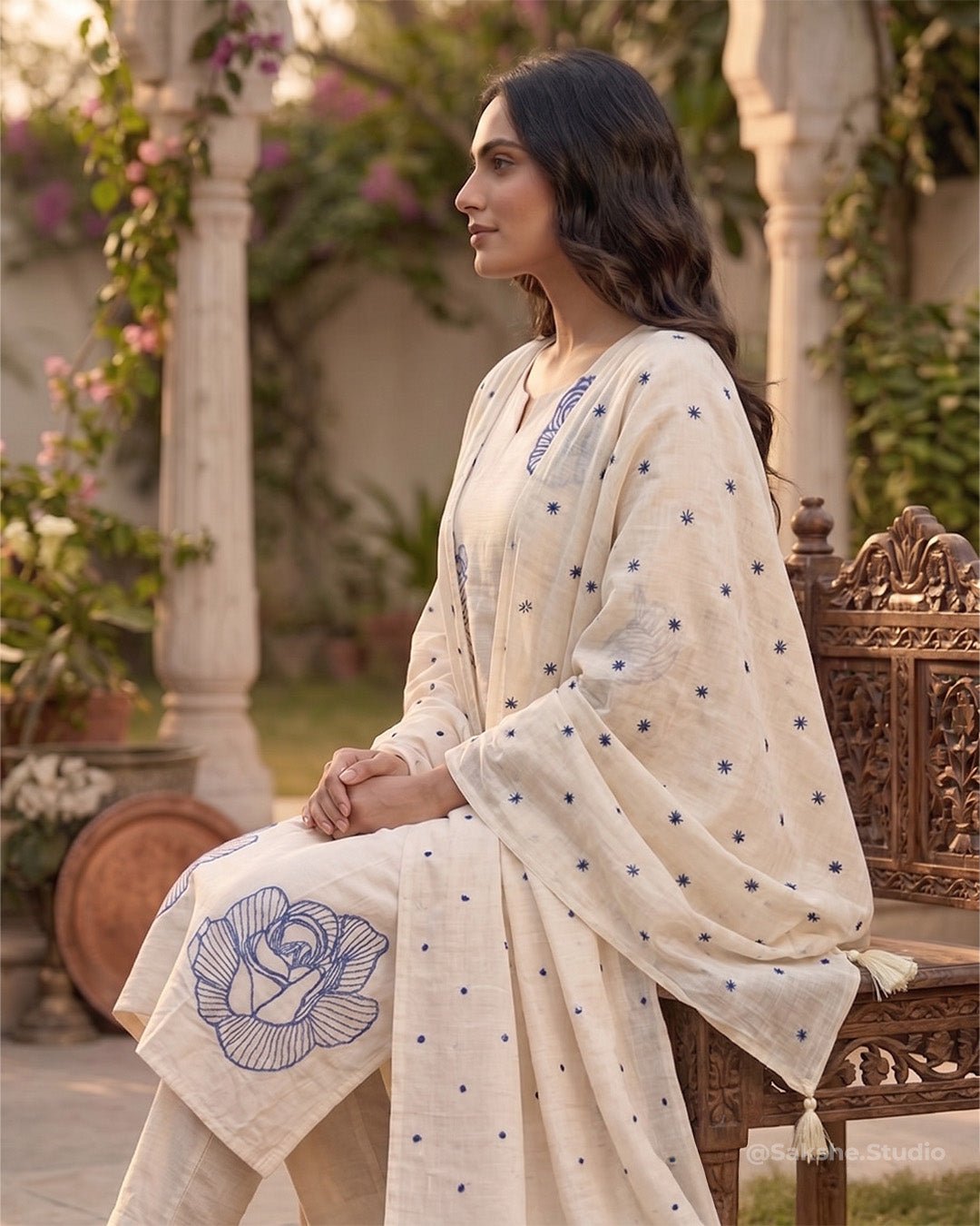Serene Blossom Threadwork Mul Cotton A - Line Suit - Sakshe Studio