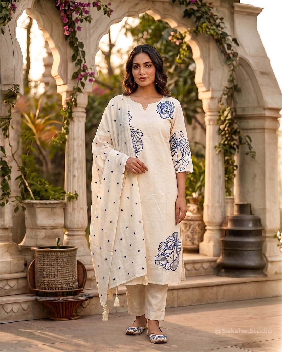 Serene Blossom Threadwork Mul Cotton A - Line Suit - Sakshe Studio