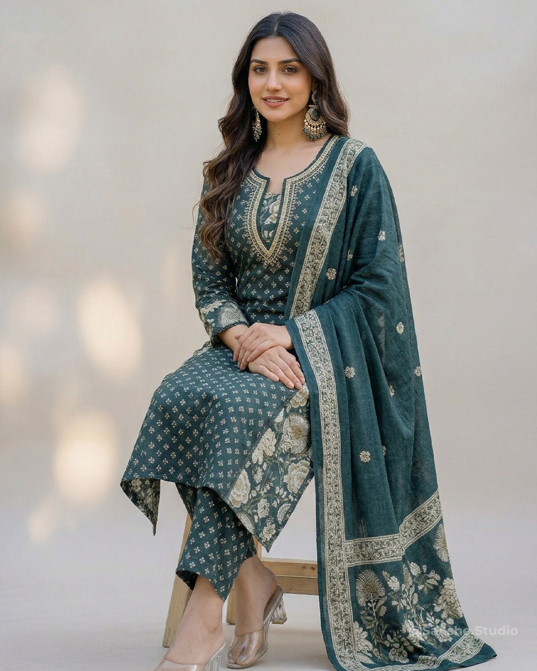 Sparkling Garden Mirror Work & Thread Embroidery Pure Cotton A - Line Suit - Sakshe Studio