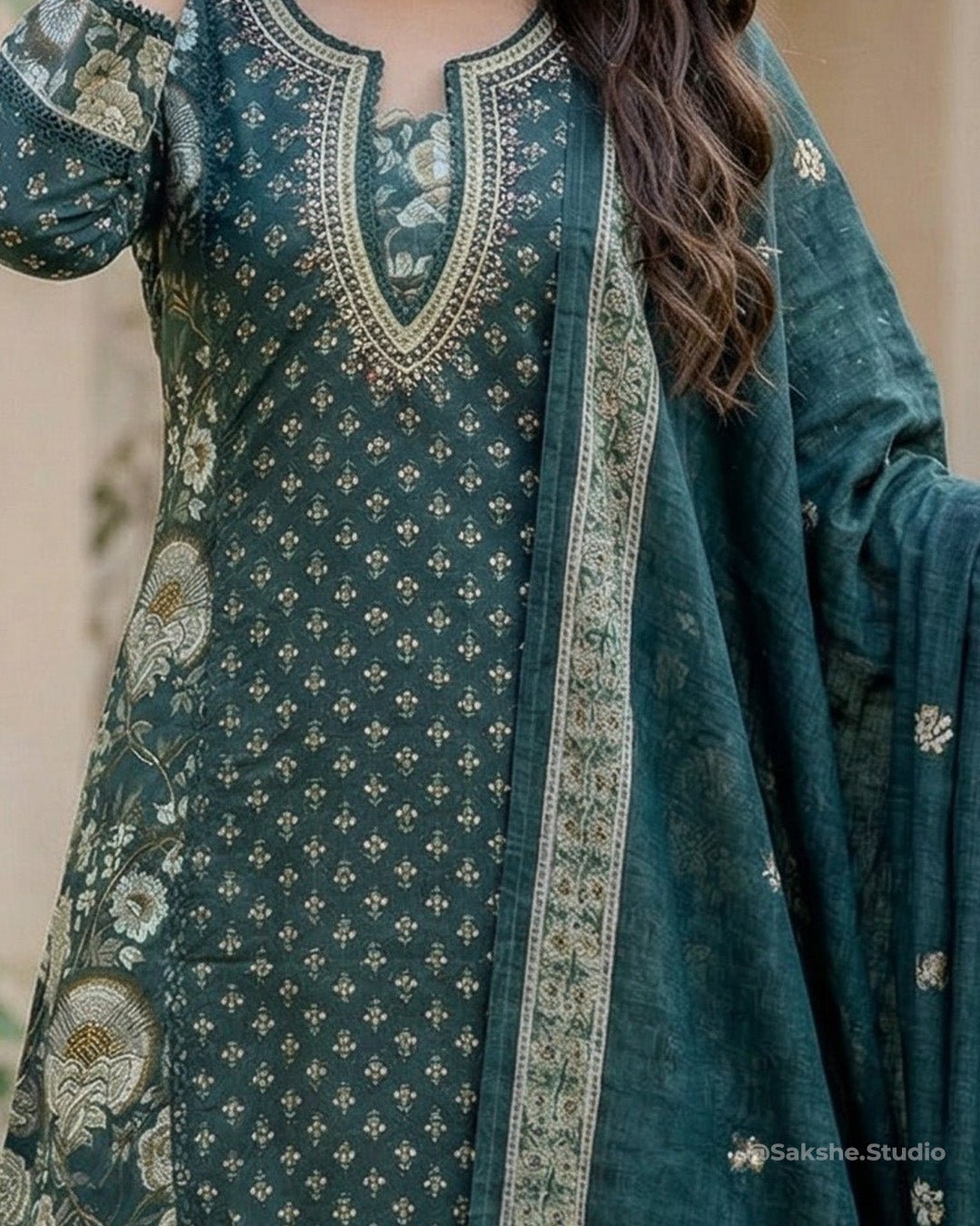 Sparkling Garden Mirror Work & Thread Embroidery Pure Cotton A - Line Suit - Sakshe Studio