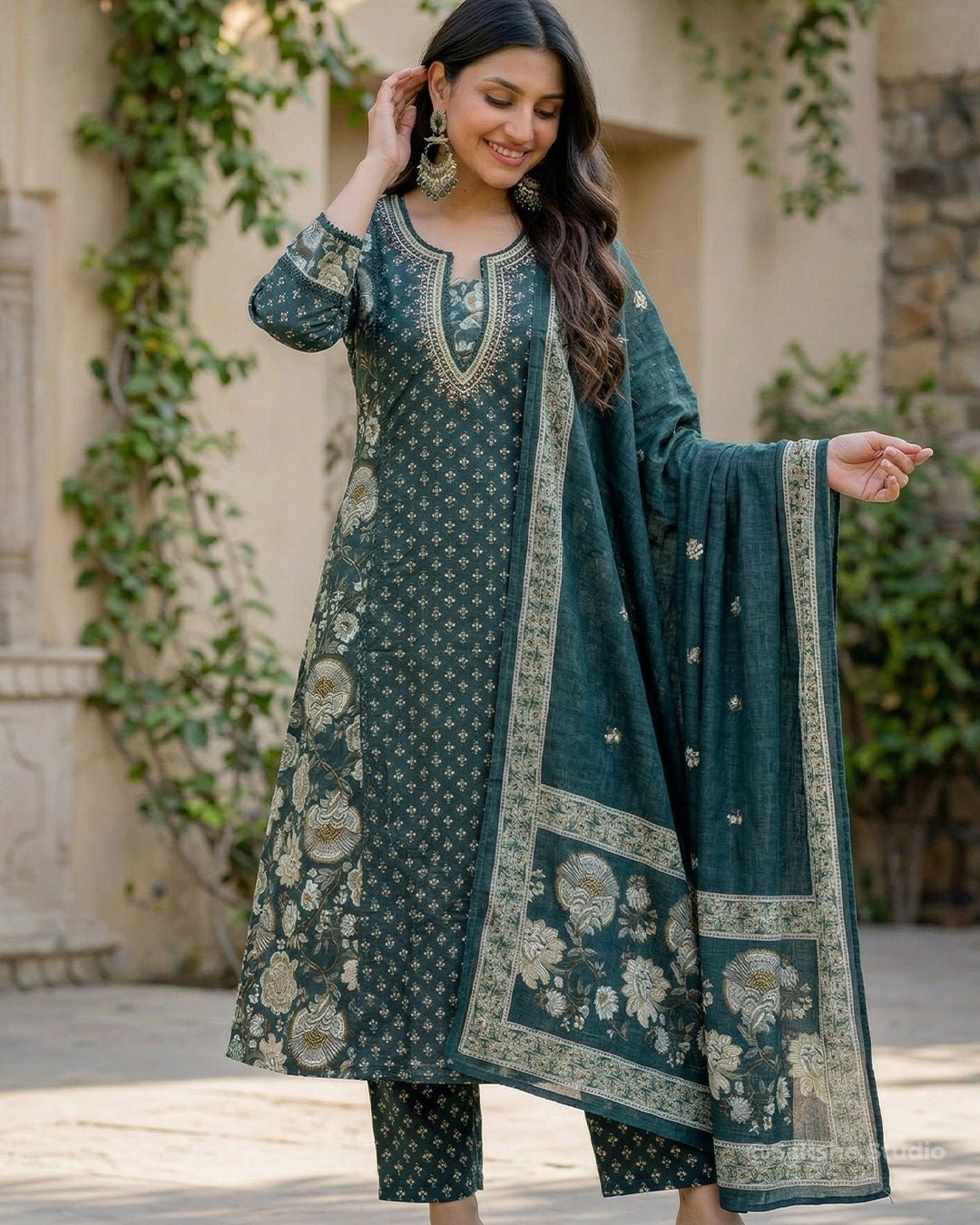 Sparkling Garden Mirror Work & Thread Embroidery Pure Cotton A - Line Suit - Sakshe Studio