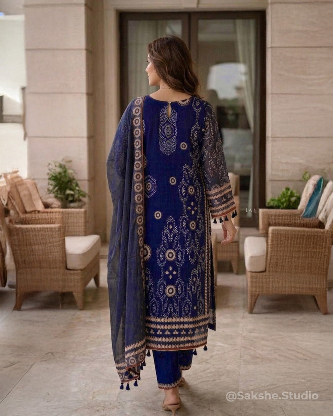 Tassel Drape Printed Pure Chiffon Straight Suit with Cotton Silk Bottom - Sakshe Studio