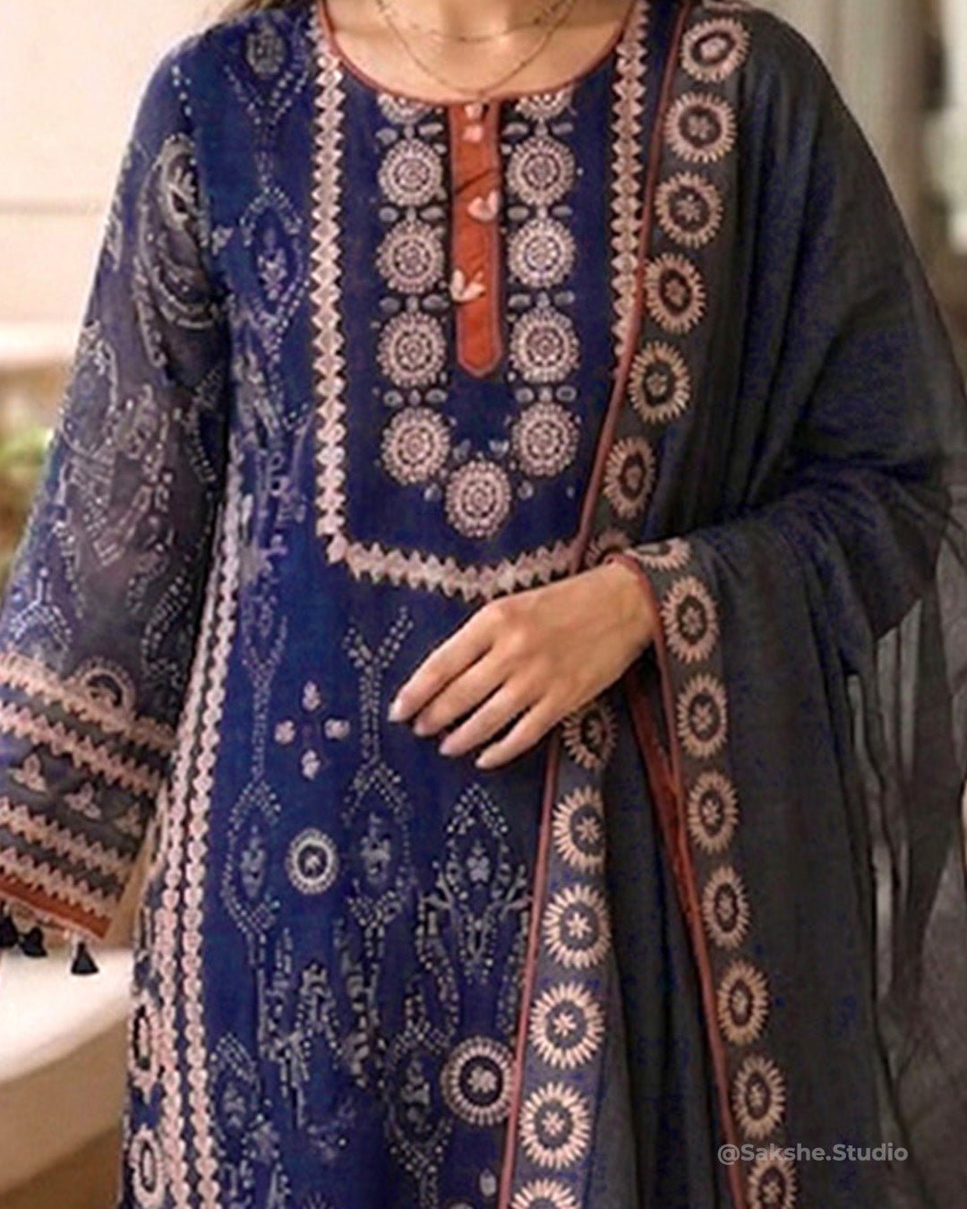 Tassel Drape Printed Pure Chiffon Straight Suit with Cotton Silk Bottom - Sakshe Studio