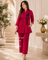 Wine PetalPremium Pure Crepe TOP & Trouser Co-ord Set!❤