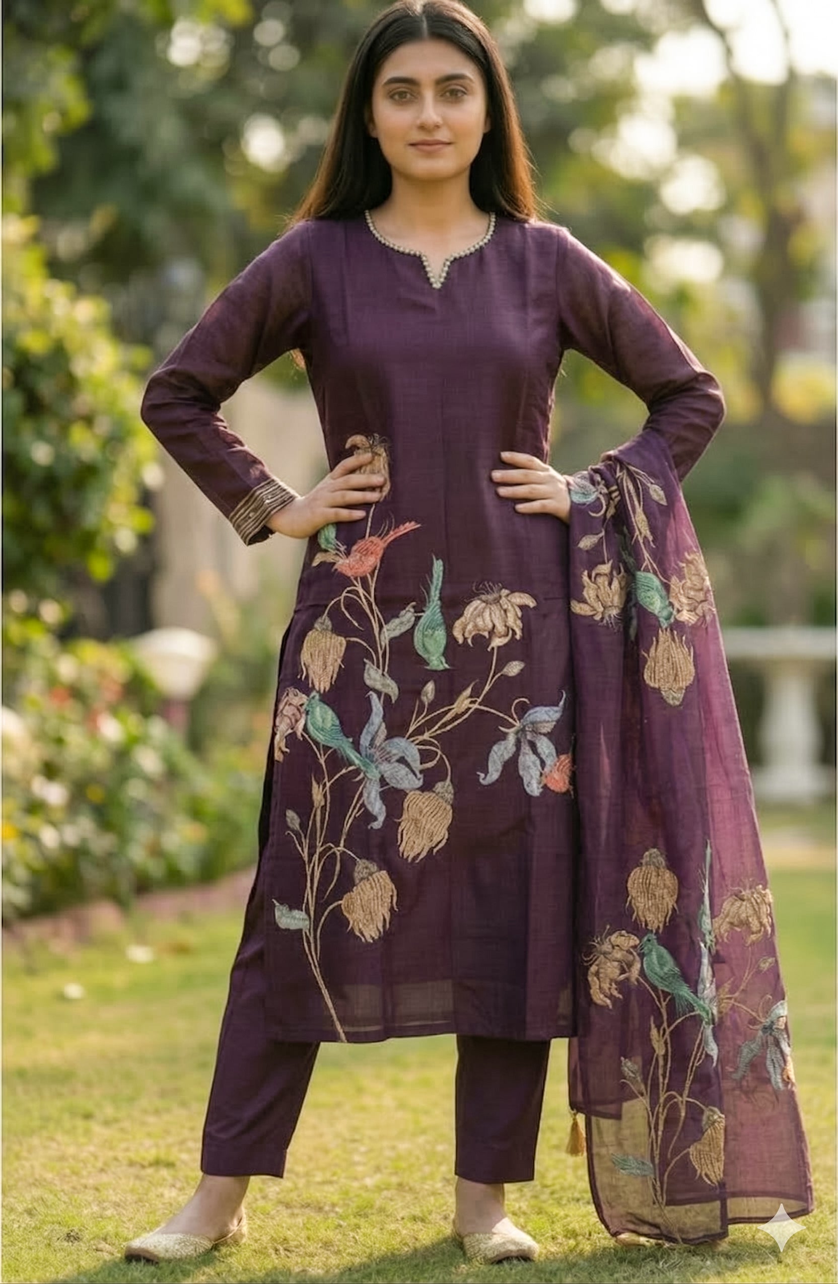 Elegant Linen Cotton Suit with Handcrafted Kantha Charm 🕊️