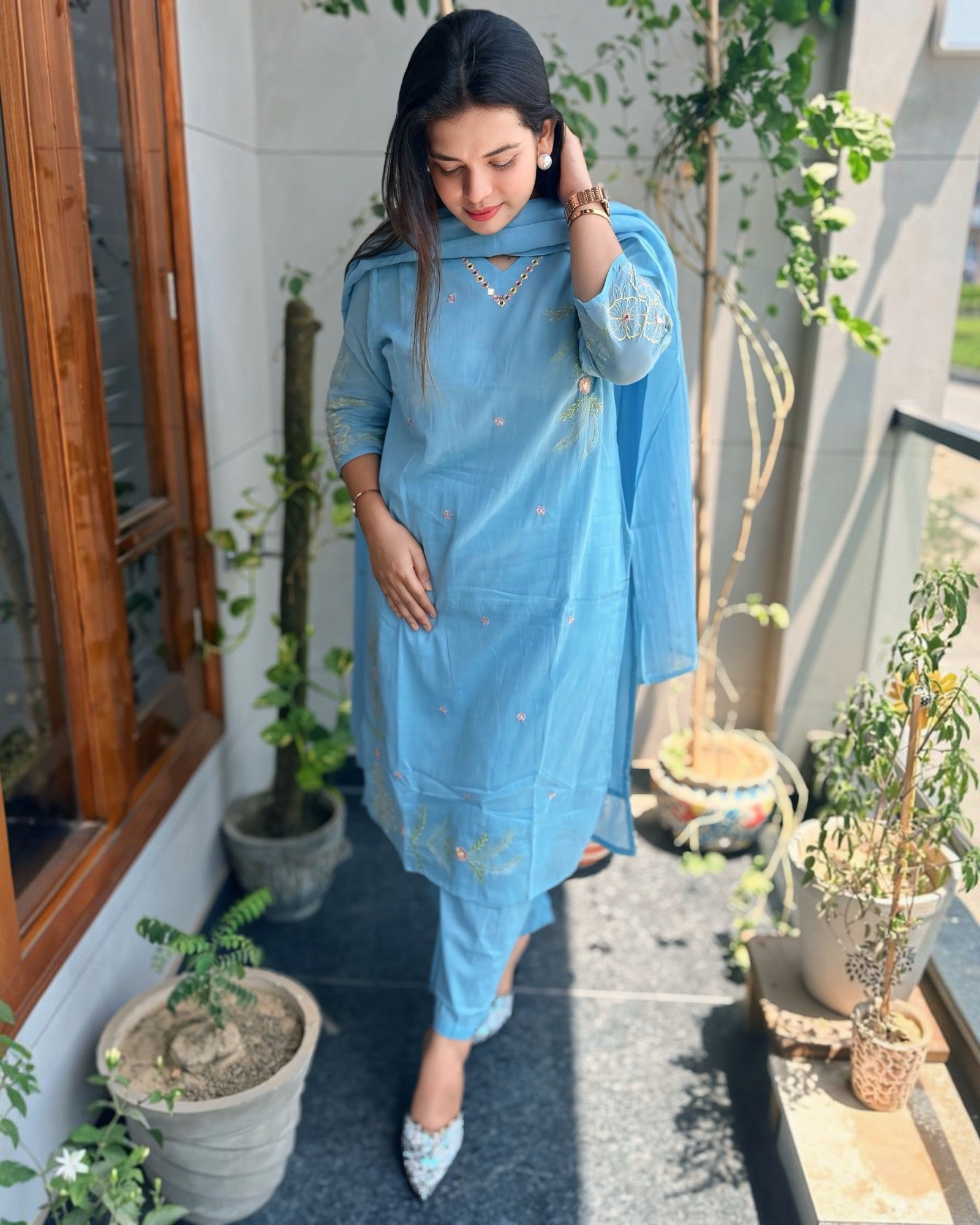 Summer Sky Blue Pure Mul Cotton Suit with Back Embroidery!