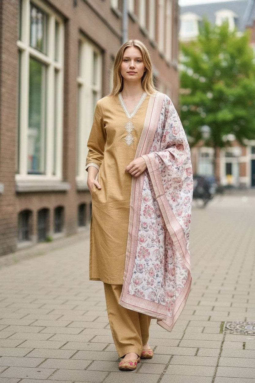 Subtle Self-Textured Cotton Suit with Thread Work Elegance 🤍