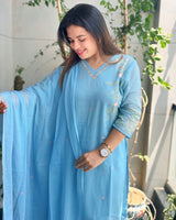 Summer Sky Blue Pure Mul Cotton Suit with Back Embroidery!