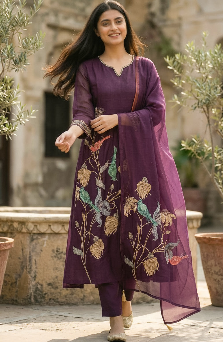 Elegant Linen Cotton Suit with Handcrafted Kantha Charm 🕊️