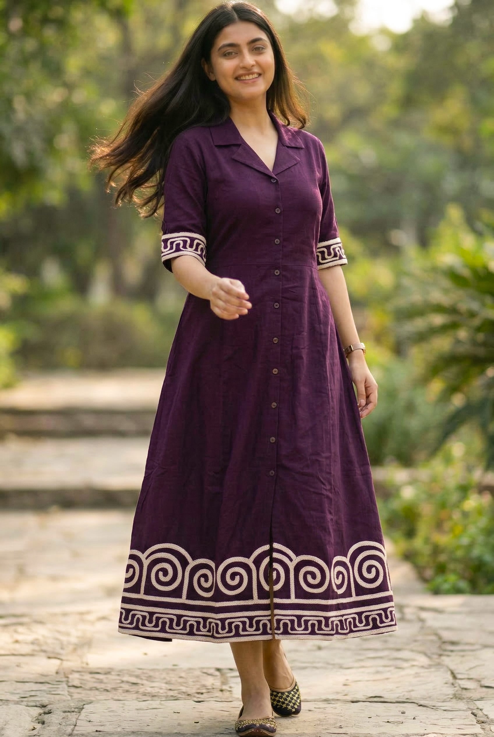 Pure Cotton A-Line Midi Dress with Thread Work Elegance ✨🤍