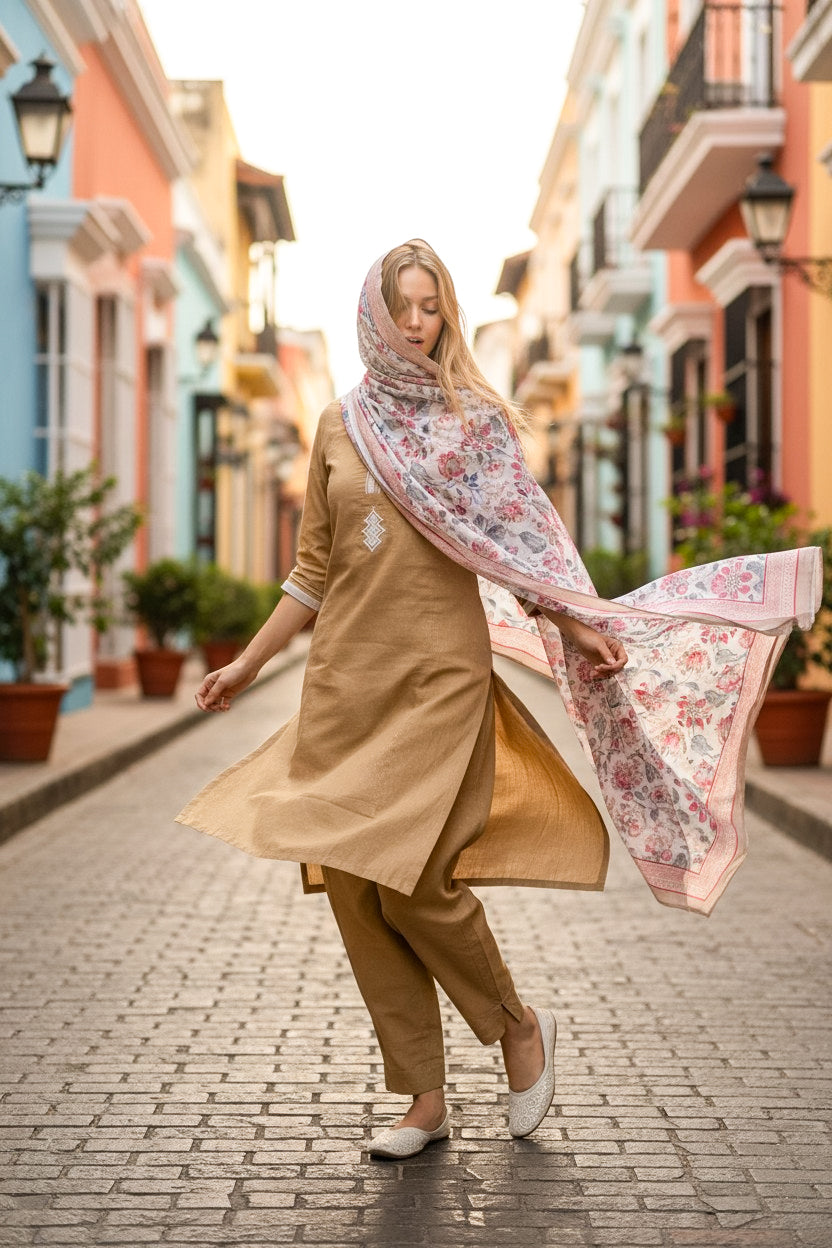 Subtle Self-Textured Cotton Suit with Thread Work Elegance 🤍