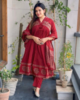 Rust Block Print Pure Cotton Flared Mirror work Suit Set!❤
