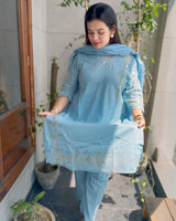 Summer Sky Blue Pure Mul Cotton Suit with Back Embroidery!