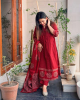 Rust Block Print Pure Cotton Flared Mirror work Suit Set!❤