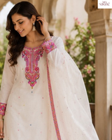 Gulnaar White Embroidered Ethnic cotton Suit Set!🤍
