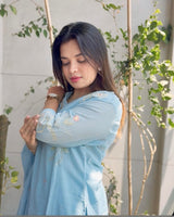 Summer Sky Blue Pure Mul Cotton Suit with Back Embroidery!