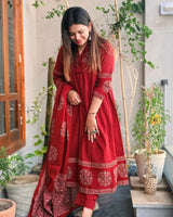 Rust Block Print Pure Cotton Flared Mirror work Suit Set!❤