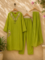 Green thread Embroidery Mul Cotton A-Line Suit with pockets!💚