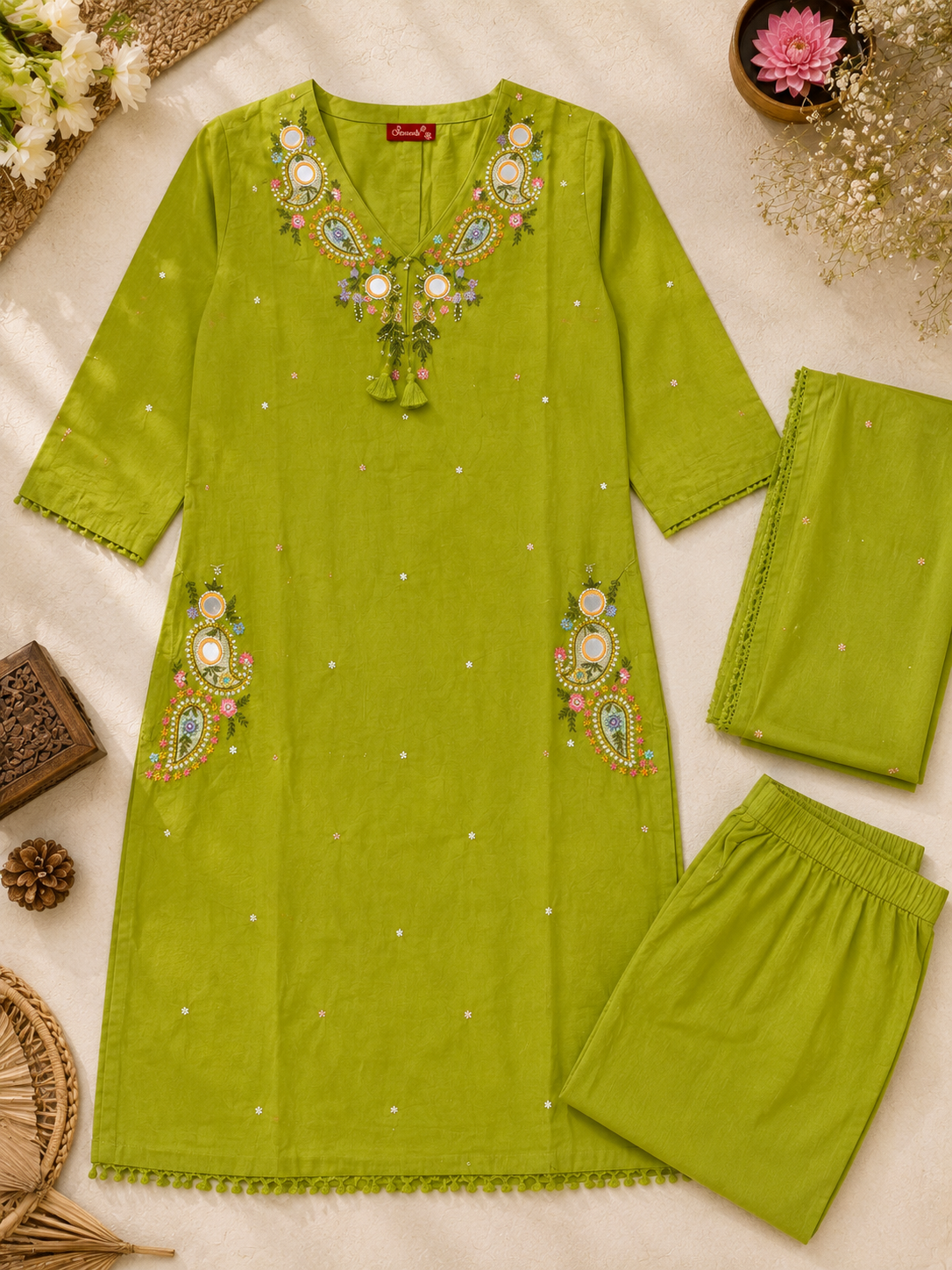 Green thread Embroidery Mul Cotton A-Line Suit with pockets!💚