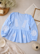 Premium Sky Bloom Appliqué Peplum Top!🔹