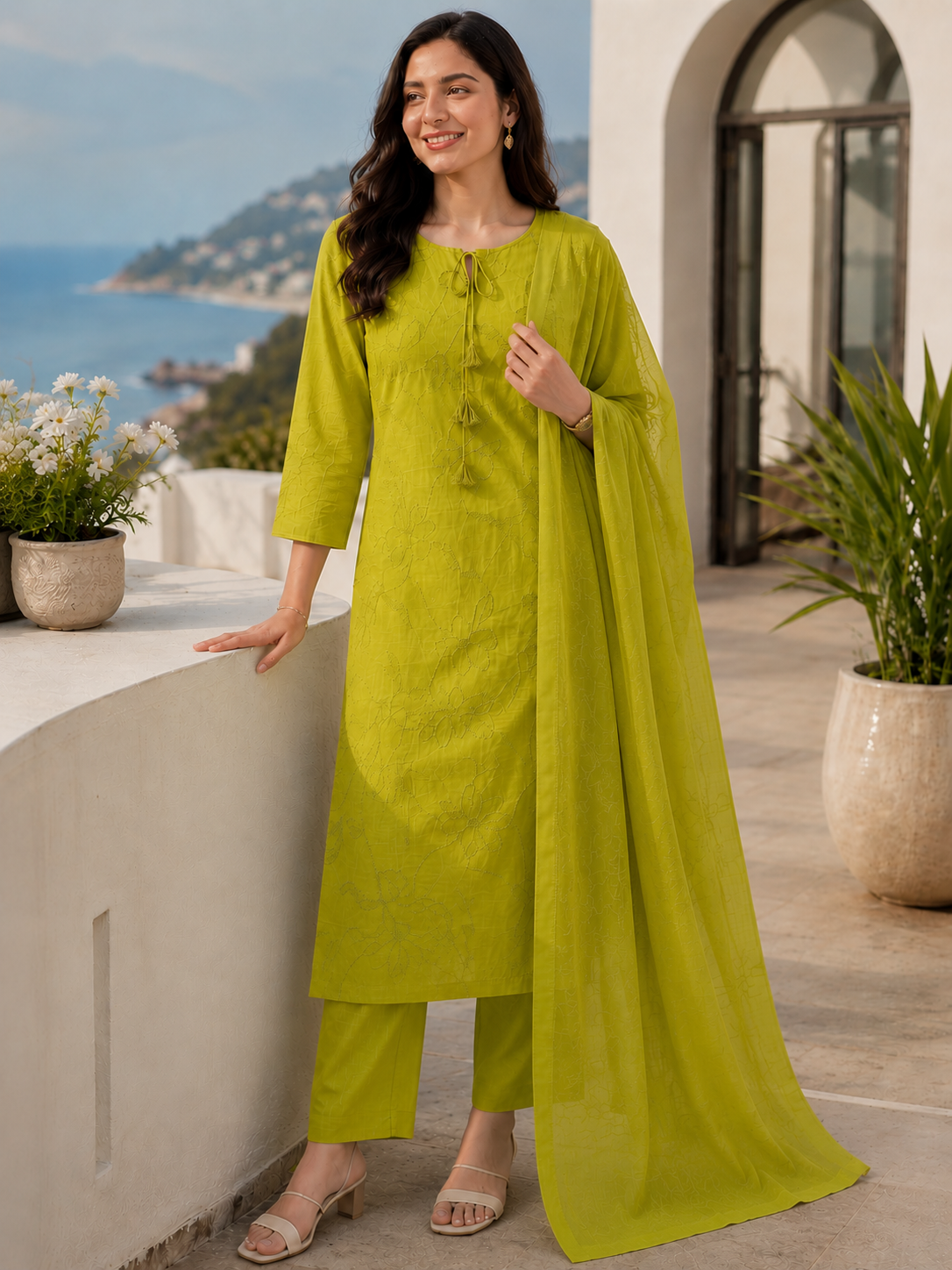 Citrus Bloom Self Embroidered Cotton Kurta Set!💚