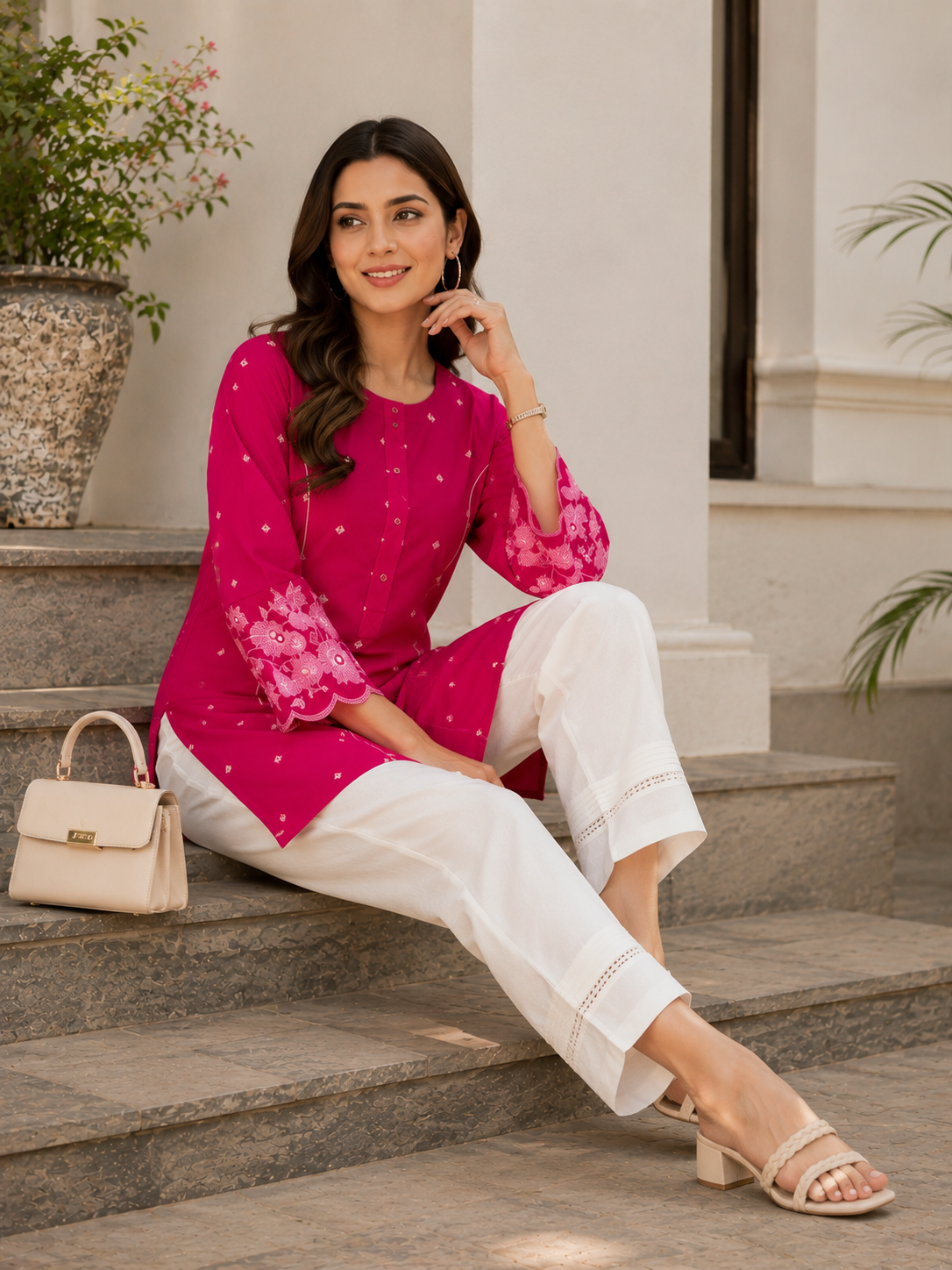 Fuchsia Floral Embroidered Short Kurta!💗