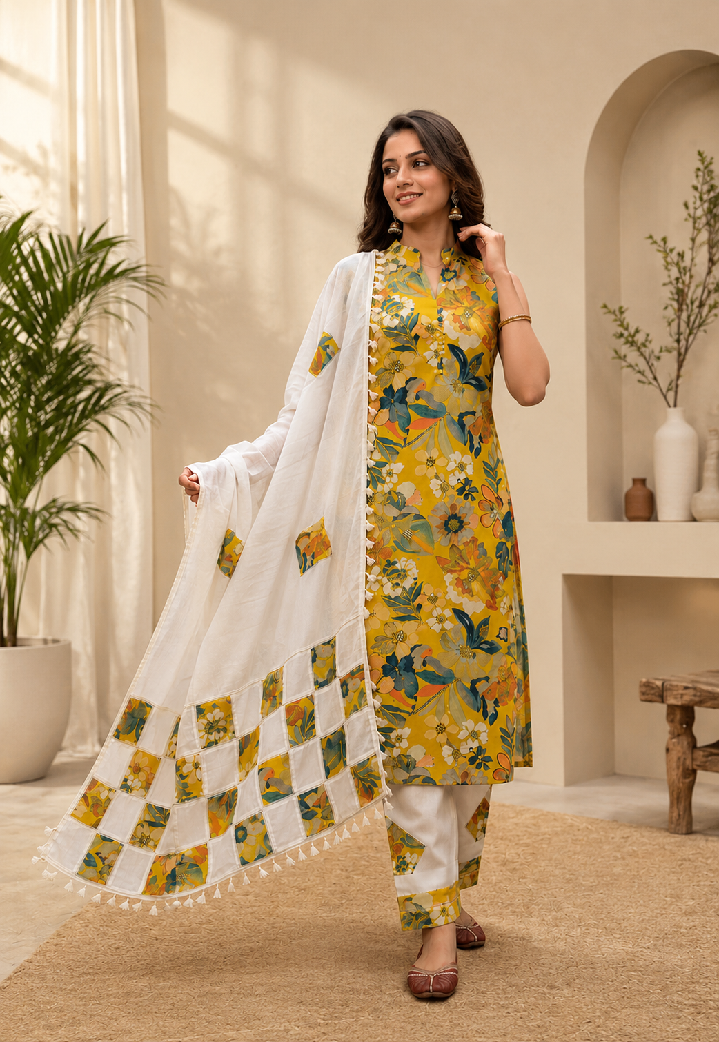 Sunlit Bloom Printed Cotton Kurta Set with Patchwork Dupatta!💛🧡
