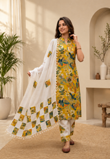 Sunlit Bloom Printed Cotton Kurta Set with Patchwork Dupatta!💛🧡