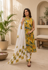 Sunlit Bloom Printed Cotton Kurta Set with Patchwork Dupatta!💛🧡