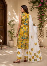 Sunlit Bloom Printed Cotton Kurta Set with Patchwork Dupatta!💛🧡